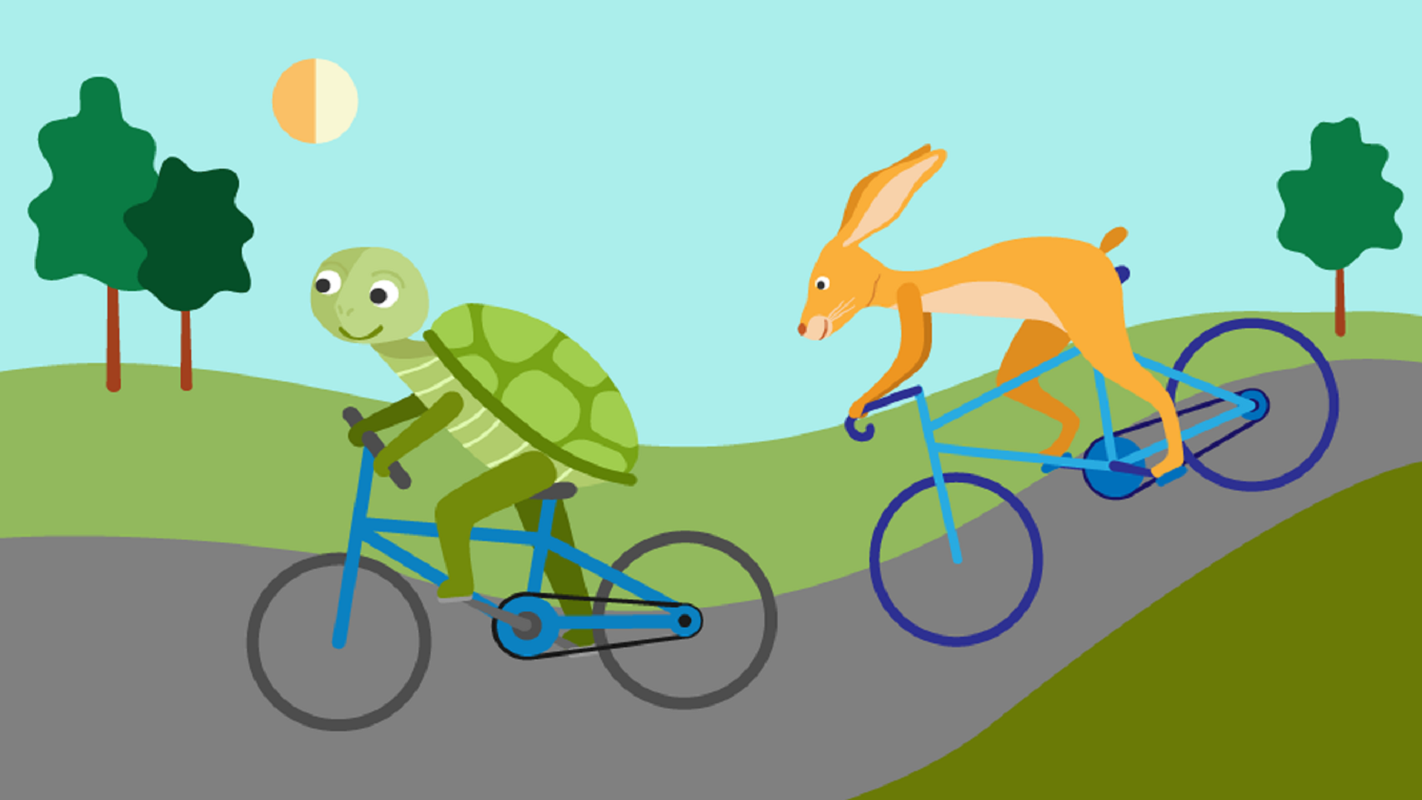 Illustration of a hare and a tortoise cycling