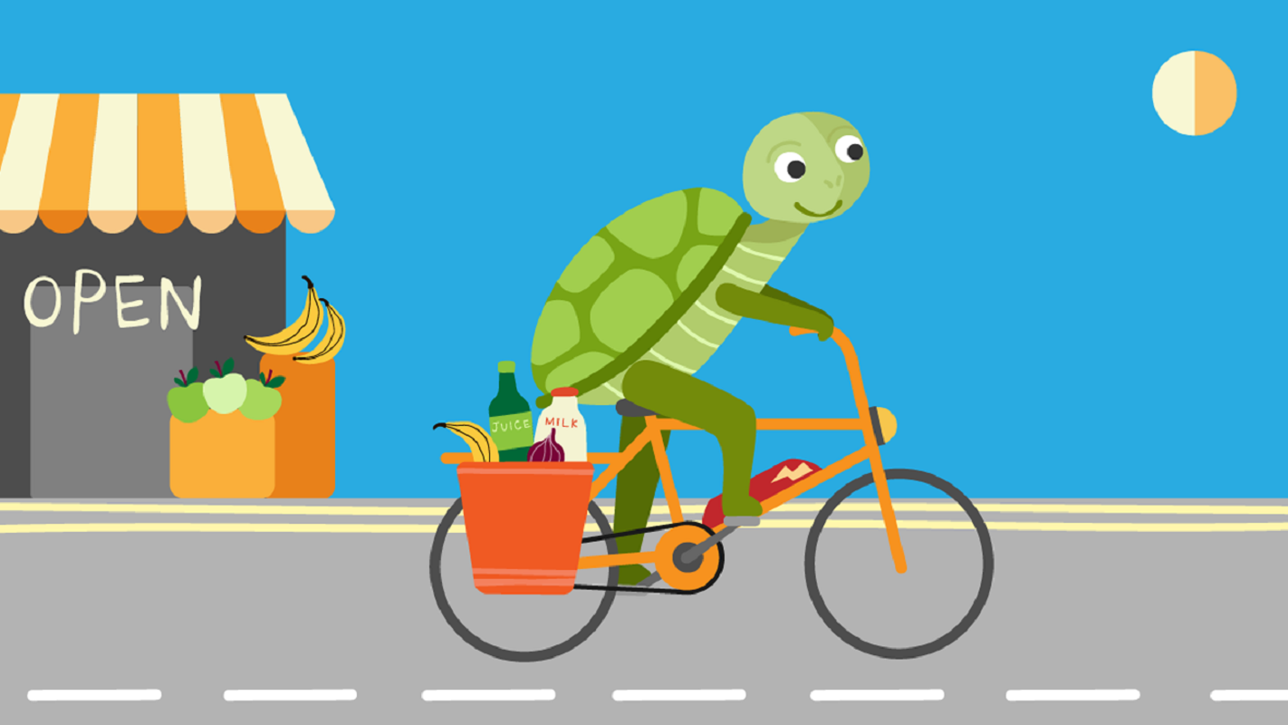 Illustration of Tortoise going shopping by bike