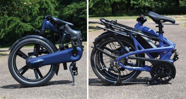 A composite image of two e-folding bikes. Both are folded up. They are blue. The Gocycle G4 is on the left, the Tern Vektron on the right.